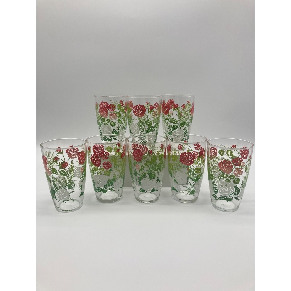 Vintage Libbey Glass Red White Rose Tumblers Set of 8 Floral Highball Glasses